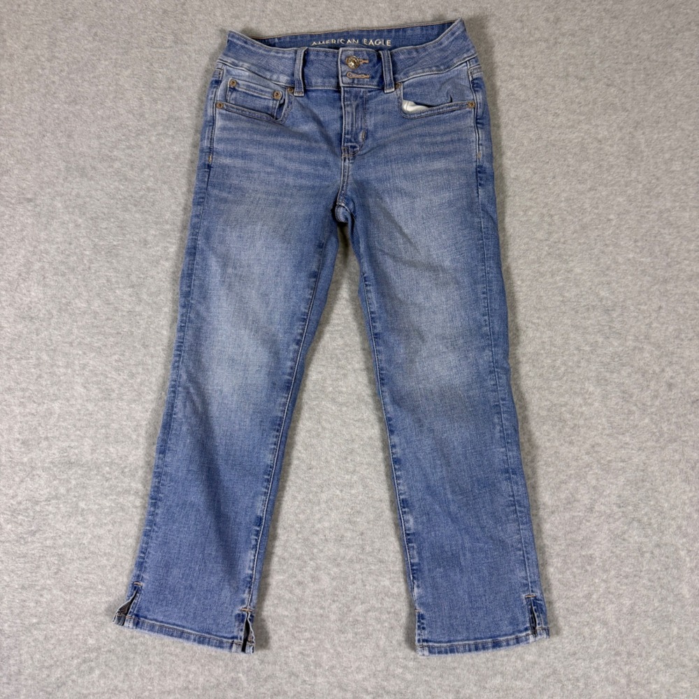 American Eagle Next Level Stretch Jeans Women 2 Blue Cropped Straight Side Slit - Picture 1 of 6